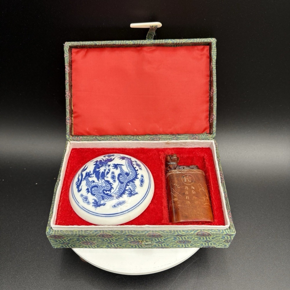 Vintage Chinese Wax Stamp Seal Pig Water Buffalo Silk Box W Porcelain Wax Pot